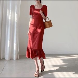 Hepburn inspired Red boat neck midi-length dress
